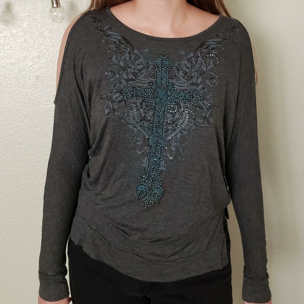 Gray Cold Shoulder Long Sleeve Top Embellished Cross Lace Fringe Country Rocker